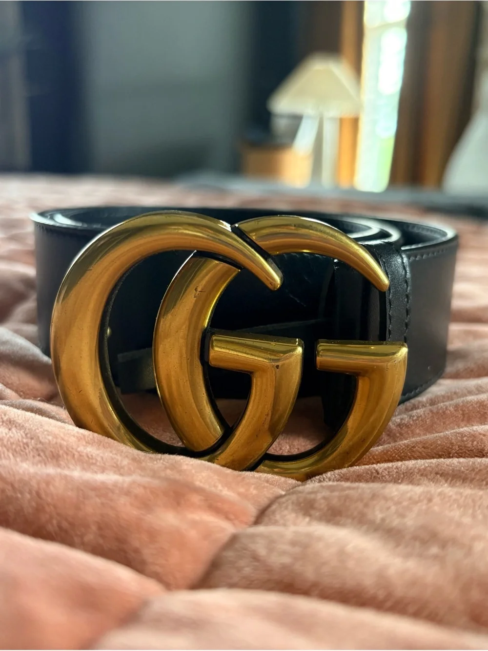Black Leather Belt with Gold Double-G Style Buckle